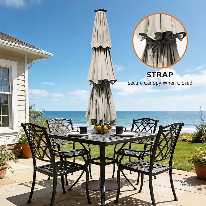 EliteShade USA 10-Year-Non-Fading 10ft 3-Tier Market Patio Umbrella, Commercial Table Umbrella with 80 Solar LED Lights, Crank Open, Windproof & UPF 50+ UV Protection for Garden, Deck, Pool, Backyard, No Tilt, Antique Beige