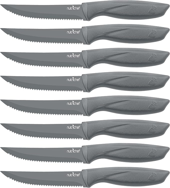 SereneLife Stainless Steel Knife Set, 8 Pcs. - Non-Stick Coating, Sharp Serrated Blades, Professional Kitchen Set, Rust-Resistant, Dishwasher Safe, Ideal for BBQ & Grilling, Gray