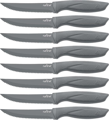 SereneLife Stainless Steel Knife Set, 8 Pcs. - Non-Stick Coating, Sharp Serrated Blades, Professional Kitchen Set, Rust-Resistant, Dishwasher Safe, Ideal for BBQ & Grilling, Gray