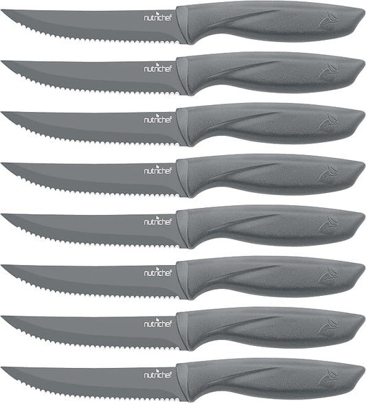 SereneLife Stainless Steel Knife Set, 8 Pcs. - Non-Stick Coating, Sharp Serrated Blades, Professional Kitchen Set, Rust-Resistant, Dishwasher Safe, Ideal for BBQ & Grilling, Gray