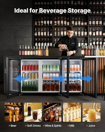 VEVOR Back Bar Cooler, 19.6 Cu. Ft Counter Height Beverage Refrigerator, Commercial Bar Display Fridge w/ 3 Glass Doors, LED Lighting, Fan Cooling Beer Wine Cooler for Pub, Merchandiser, Store