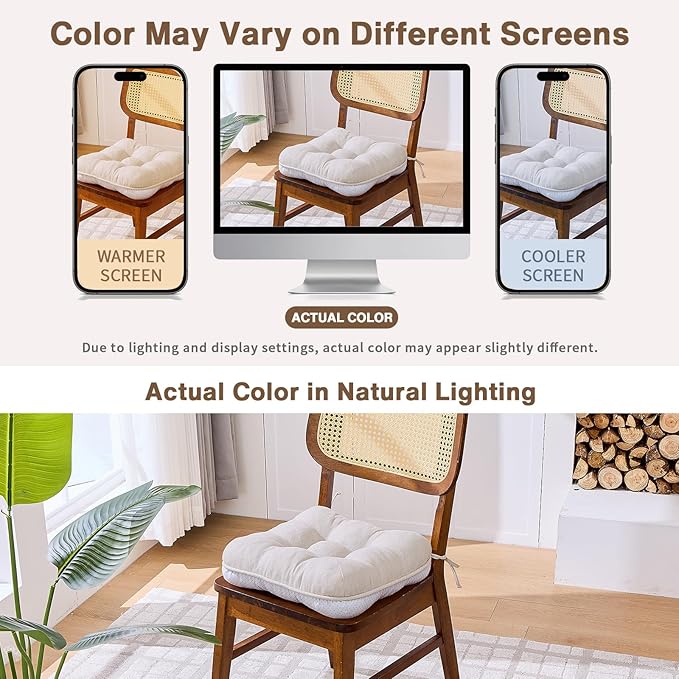 BETU Chair Cushions for Dining Chairs Set of 4,3.5" Thick Kitchen Table Chair Pads with Ties,Non Slip Backing and Covers, Seat Cushion for Dining Room,Bar,Patio Chairs,15.5"X15.5"X3.5",Beige