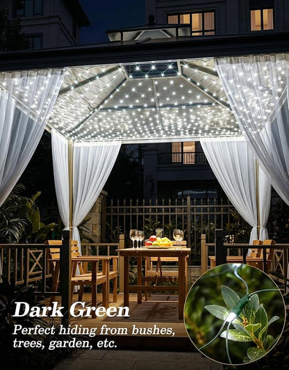 10x10FT Solar Christmas Net Lights Outdoor Waterproof with Remote | 240LED 8 Modes Solar & USB Powered Mesh Lights with Green Wire for Gazebo, Bush, Garden Shrubs, Lawn, Patio Decor, Cool White
