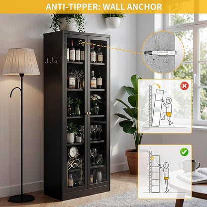 Kitchen Pantry Cabinet, 72" Tall Pantry Storage Cabinet with Adjustable Shelves and Glass Doors, Metal Storage Cabinets with Handle for Living Room, Kitchen, Assemble Required (Black)