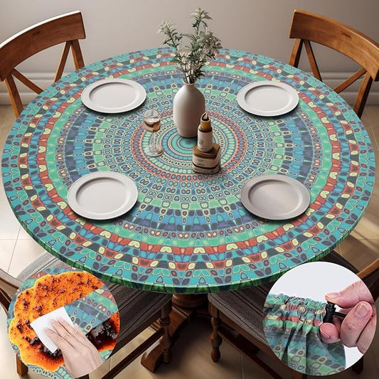 opstellen Waterproof Boho Vinyl Round Tablecloth Fitted Table Cloth Summer Fall Outdoor Circle Cover for 45-54" Tables Dining Kitchen Apartment Essentials Picnic Camping Party Decor Housewarming Gifts