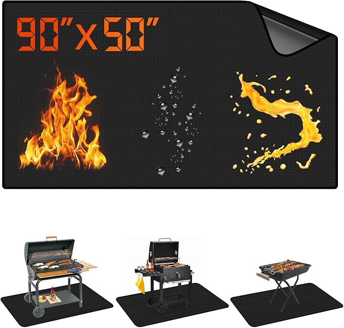 90 x 50 Inch Large Under Grill Mats for Outdoor Grill, Double-Sided Fireproof Waterproof Oil-Proof BBQ Mat, Indoor Fire Pit/Fireplace Mat, Protector Mat for Deck, Patio, Lawn, Fireplace