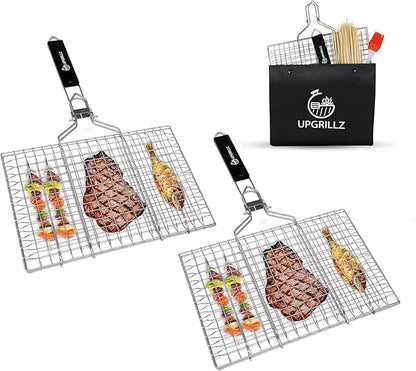 UPGRILLZ 2 Set Fish Grill Baskets for Outdoor Grill Vegetables, Fish Grilling rack for Grill, BBQ Grilling Basket, Stainless steel Grill Basket for Veggies, shrimp Includes 50 skewers, Silicon Brush, and Carry Bag
