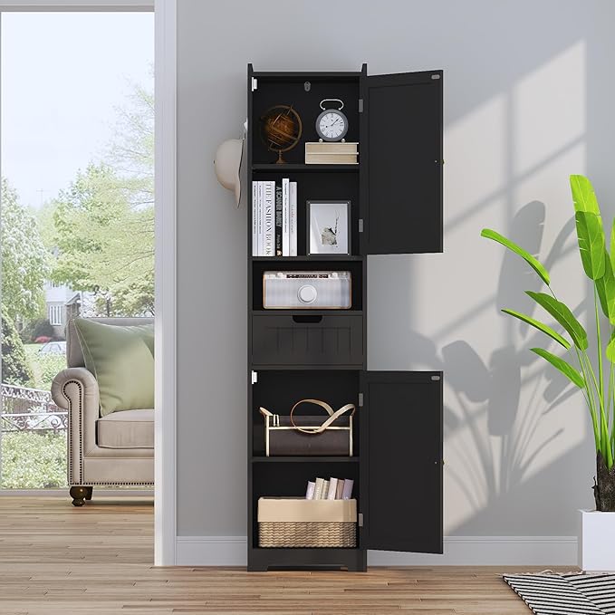 TidyHaven 67" H Tall Bathroom Storage Cabinet, Slim Narrow Organizer with Adjustable Shelves, 2 Doors & 1 Drawer, Freestanding Floor Cabinet for Bathroom, Kitchen, Living Room (Black)