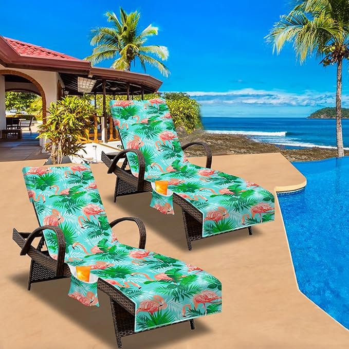 Lounge Chair Towel Cover, Beach Chair Cover (Pack of 2),Pool Lounge Chair Covers for Outdoor,Garden,Beach,Sun Lounger,Hotel pool,Large Size and No Sliding, 85" X 30",Green Coral Pink Flamingo