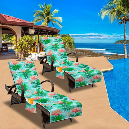 Lounge Chair Towel Cover, Beach Chair Cover (Pack of 2),Pool Lounge Chair Covers for Outdoor,Garden,Beach,Sun Lounger,Hotel pool,Large Size and No Sliding, 85" X 30",Green Coral Pink Flamingo