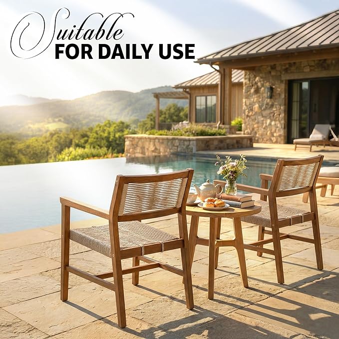 Acacia Heritage Woven Rope Wood Armchair, Set of 2 - Handcrafted Outdoor Patio Dining Chairs with UV Resistant Finish - Solid Wood Boho Accent Seating for Deck, Porch & Backyard, Natural