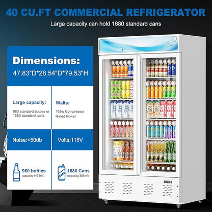 47.8'' W Commercial Beverage Refrigerators, 40 Cu.ft Glass Door Refrigerator Commercial Cooler with LED Light and 10 Shelves, Display Refrigerator for Restaurant Store Cafe Bar, White
