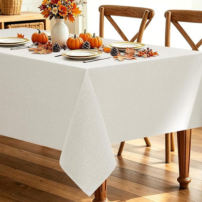 Decorelia Faux Linen Farmhouse Table Cloth 60"x84" for Rectangle Table, Ivory Waterproof Outdoor Washable Cloth Tablecloth for Rectangular Dining Room Kitchen Outdoor Party Restaurant Decor