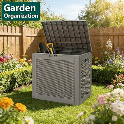 31 Gallon Outdoor Storage Box, Resin Deck Boxes Outdoor Waterproof For Patio Furniture, Garden Tools, Pool Supplies, Lockable And UV Resistant (Rattan Gray)