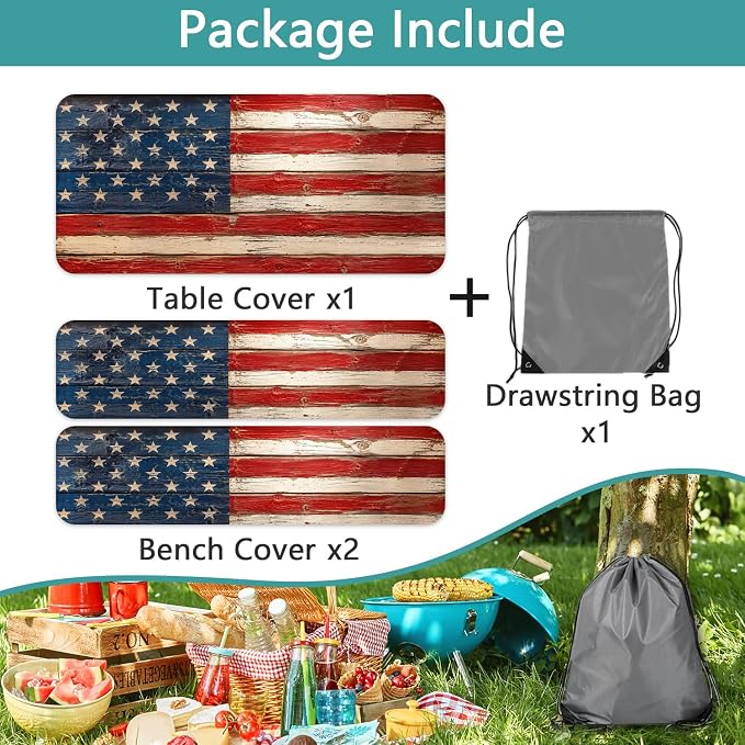 American Flag Picnic Table Cover with Bench Covers and Bag | 4th of July Waterproof Oilproof Fitted Tablecloth with Elastic Edges for Patriotic Outdoor Decor Camping 3Pcs 30x60 Inch