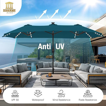 HERA'S PALACE 13 ft Patio Umbrella with 120 LED Solar Lights Double Sided Outdoor Umbrella for Patio 8 Colors Changing Table Umbrella for Garden Pool, Cerulean