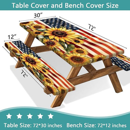 Picnic Table Cover with Bench Covers and Bag, American Flag Sunflower Summer Camping Essentials Outdoor Table Covers with Elastic Picnic Waterproof Fitted Tablecloth for RV Picnic Travel 3pcs 96inch