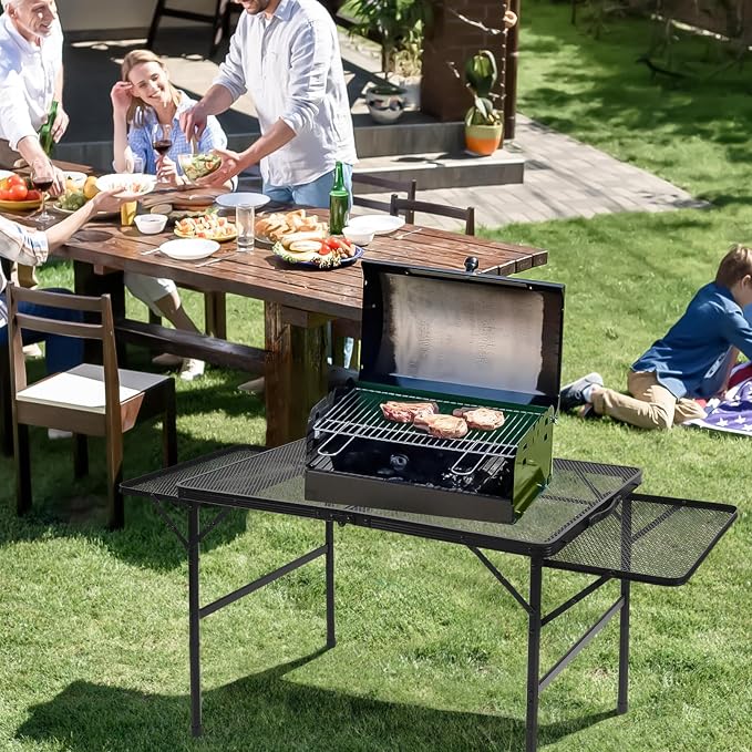 Folding Matel Grill 4.4 FT Camping Table with 2 Wing Panels | Height Adjustable Metal Outdoor Table with Mesh Desktop and Mesh Bag, Picnic, Beach and BBQ, Party