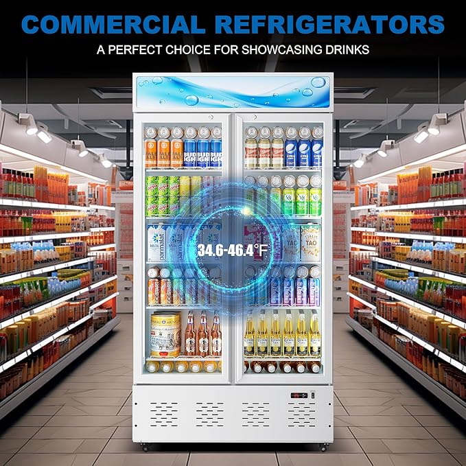 41.34'' W Commercial Beverage Refrigerators, 30 Cu.ft Glass Door Refrigerator Commercial with LED Light and 10 Shelves, Display Refrigerator for Restaurant Store Cafe Bar, White