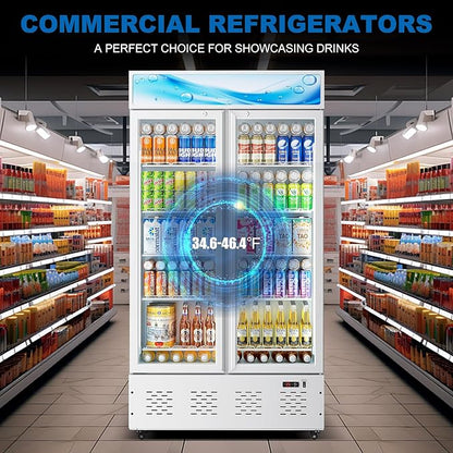 41.34'' W Commercial Beverage Refrigerators, 30 Cu.ft Glass Door Refrigerator Commercial with LED Light and 10 Shelves, Display Refrigerator for Restaurant Store Cafe Bar, White