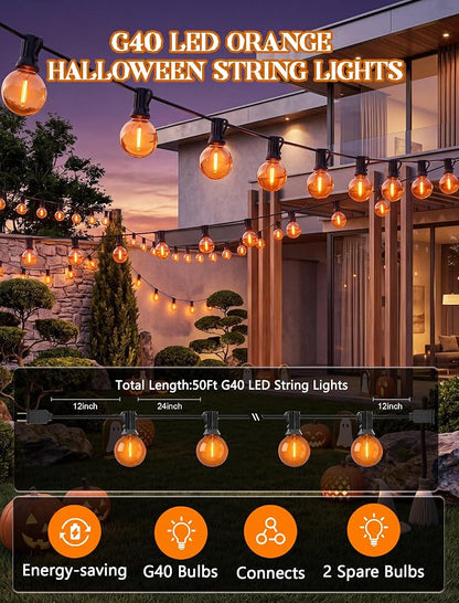 50Ft Outdoor Halloween Orange String Lights, 27 G40 Globe Shatterproof Bulb | Waterproof Patio String Lights, Dimmable Hanging Orange Halloween Lights for Porch Deck Garden Backyard Balcony Decorations