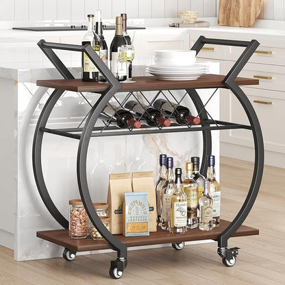 LVB Modern Bar Cart, Industrial Rolling Wine Cart with Wine Rack, Walnut | Coffee Liquor Drink Cart with Storage and Wheels, Wood and Metal Kitchen Microwave Beverage Cart for Home