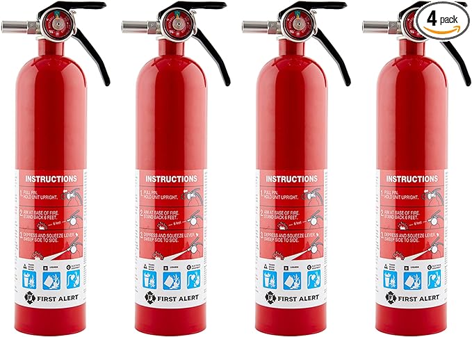 First Alert Fire Extinguisher for Home, Standard Rechargeable Compliance Unit, UL RATED 1-A:10-B:C, HOME1-4, Red, 4-Pack