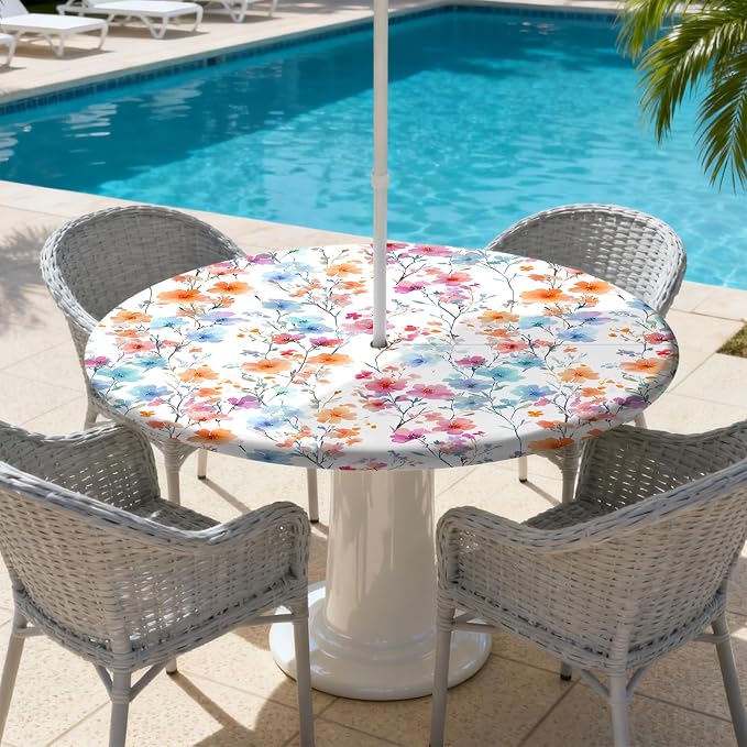 Outdoor Tablecloth with Umbrella Hole and Zipper Fits 49-52" Tables | Waterproof Round Fitted Tablecloth with Elastic Edge, Wipeable Outdoor Table Cover for Patio, Garden, Picnic