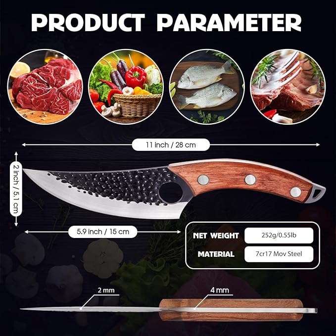 Chef Knife, Boning Knife for Meat Cutting, Viking knife with sheath,Hand Forged Japanese Knife,Kitchen Knives For Home, Outdoor Cooking, Camping BBQ (Yellow)