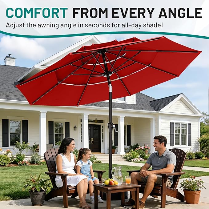 AreShark 9ft 3-Tier Patio Umbrellas, Outdoor Umbrella with 8 Sturdy Ribs UV Protection Windproof, Market Table Umbrella w/Push Button Tilt & Crank for Pool, Porch, Deck, Garden(Red)