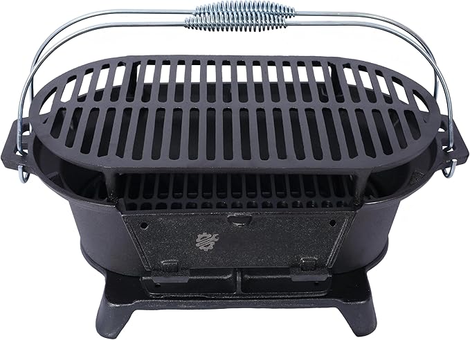 LuckyNote Oval Iron Grill Outdoor, Portable Charcoal Grill and Tabletop Cast Iron Skillet - 100% Cast Iron, Durable, Small Charcoal Grill, Camping Stove, Hibachi Grill