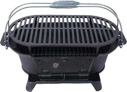 LuckyNote Oval Iron Grill Outdoor, Portable Charcoal Grill and Tabletop Cast Iron Skillet - 100% Cast Iron, Durable, Small Charcoal Grill, Camping Stove, Hibachi Grill