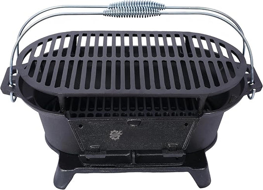 LuckyNote Oval Iron Grill Outdoor, Portable Charcoal Grill and Tabletop Cast Iron Skillet - 100% Cast Iron, Durable, Small Charcoal Grill, Camping Stove, Hibachi Grill