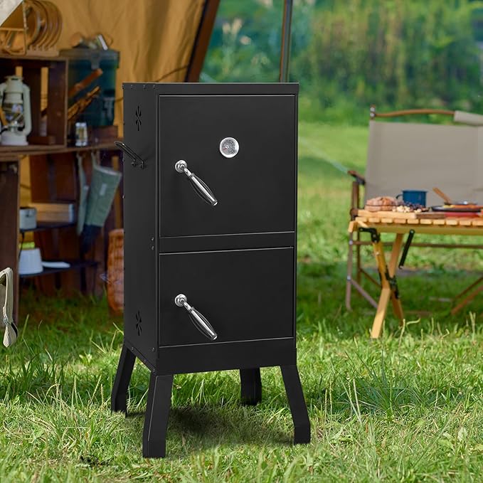 Outdoor Charcoal Grill Barbecue Grills with Thermometer, Charcoal Pan & 4 Air Vents, Vertical BBQ Grill for Garden Party Picnic Hiking Backyard Cooking, Easy to Assemble, Asadores de Carbon (Black)