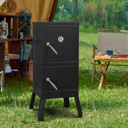Outdoor Charcoal Grill Barbecue Grills with Thermometer, Charcoal Pan & 4 Air Vents, Vertical BBQ Grill for Garden Party Picnic Hiking Backyard Cooking, Easy to Assemble, Asadores de Carbon (Black)