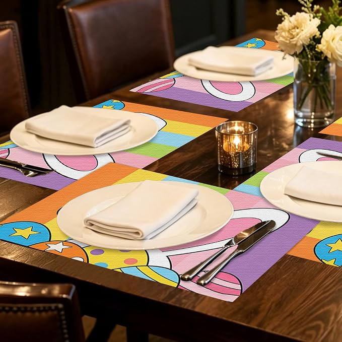 Nuxovilar Set of 7 Easter Table Runner & Placemats | Rainbow Easter bunny and egg design linen placemat set. Festive dining accessories for spring gatherings.