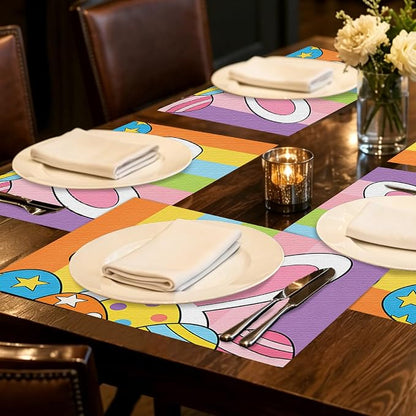 Nuxovilar Set of 7 Easter Table Runner & Placemats | Rainbow Easter bunny and egg design linen placemat set. Festive dining accessories for spring gatherings.