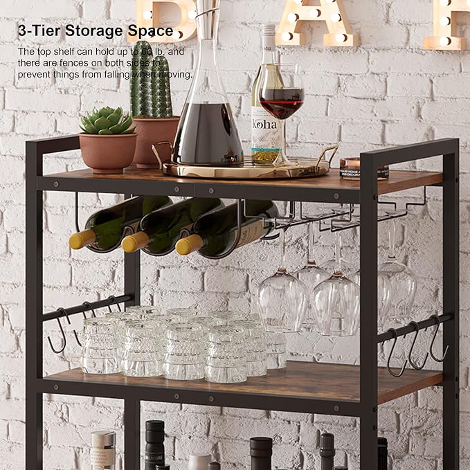 TUTOTAK Bar Cart with Wheels, Drink Cart with Wine Rack and Glass Holder | 3-Tier 23.7 Inch Wide Home Bar Serving Carts, Small Mobile Kitchen Shelf with 6 Hooks, Rustic Brown BC01BB030