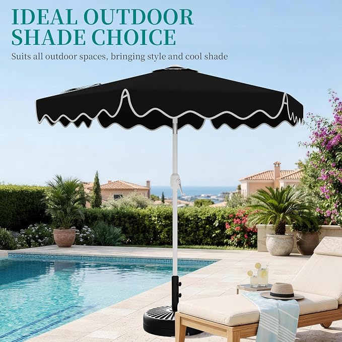 AreShark 9FT Outdoor Patio Umbrella with Wavy Trim (Black) | Market Table Umbrellas w/ 6 Sturdy Ribs, Crank & Tilt, White Pole, Pool Umbrella with UV-Fade Resistant Fabric, Heavy Frame