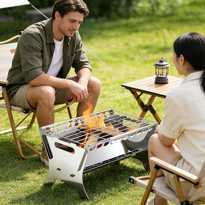 Stainless Steel Portable Charcoal Grill Heater Heating Stove with Ash Tray - Compact BBQ Grill for In and Outdoor Camping, Backyard, Picnic, Easy to Assemble & Clean