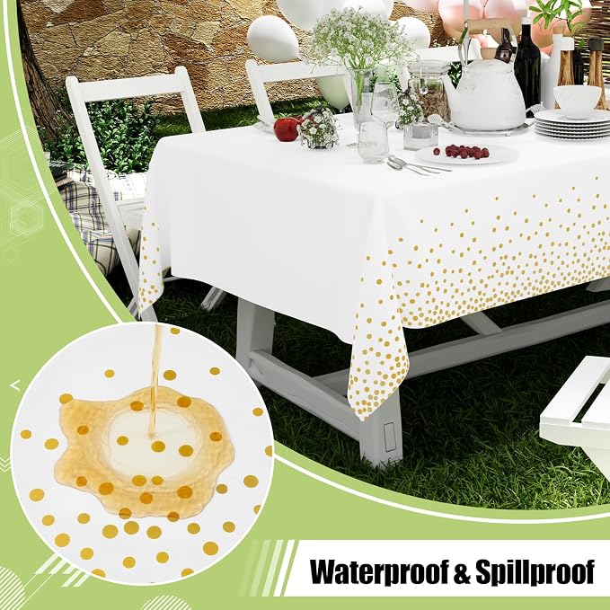 Smiry Disposable Table Cloth - 6 Pack, 54 x 156 Inch Waterproof Rectangle Tablecloths for New Years, Decorative Plastic Table Cover, Leakproof & Sturdy, White & Gold