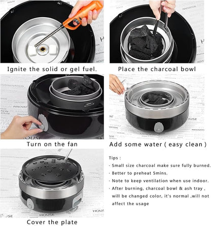 Portable Charcoal Outdoor BBQ Grill For Camping With Travel Bag - Small Tabletop Smoke ＆ Smokeless Pan Optional - Built In Electric Fan Power Supplied By Battery Charger Or Power Bank. (Luxury Black)
