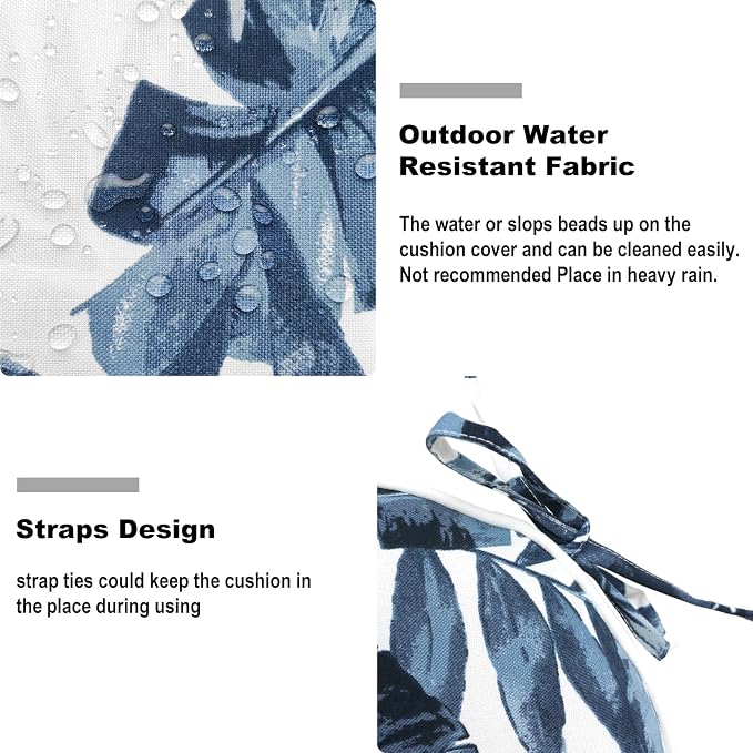DYTXIII Set of 2 Outdoor Chair Cushions with Ties,Water Repellent Patio Chair Pads 17"x 16" for Outdoor Furniture,Round Corner Seat Cushions for Garden Yard Kitchen Palm Blue