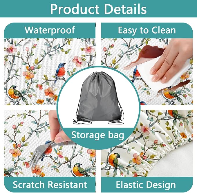 Bird Branch Picnic Table Cover with Bench Covers and Bag, Camping Essentials, Spring Summer Floral Waterproof Windproof, Fitted Tablecloth Cover with Elastic Edge for Outdoor Garden 3 PCS 30x60 Inch