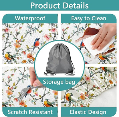 Bird Branch Picnic Table Cover with Bench Covers and Bag, Camping Essentials, Spring Summer Floral Waterproof Windproof, Fitted Tablecloth Cover with Elastic Edge for Outdoor Garden 3 PCS 30x60 Inch