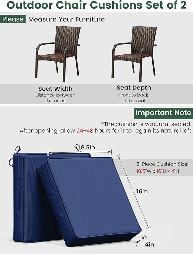 Outdoor Chair Cushion 18.5 x 16 x 4 Inches Patio Furniture Outdoor Waterproof Seat Cushion, Patio Chair Cushion with Handles and Ties, Square Dining Chair Cushion Set of 2, Blue