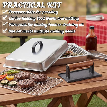 14 Inch Large Melting Dome and Grill Press Kit, 4 Pcs Griddle Accessories Set, Stainless Steel Cheese Basting Cover, Burger Bacon Press, 2 Cooling Racks for Flat Top Grill Indoor Outdoor