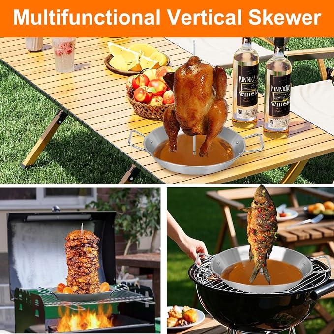 Al Pastor Skewer for Grill, Stainless Steel Shawarma Skewer Stand Vertical Pan with 3 Removable Spikes (8”/10"/12”) & Brushes for Tacos Al Pastor, Grill Smoker Oven BBQ