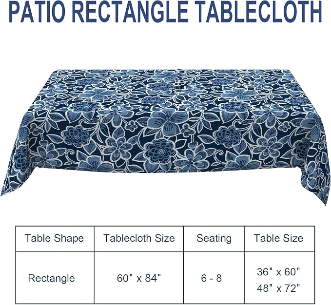 Outdoor Rectangle Tablecloth, 60×84 Inch Water Repellent Picnic Table Cover with Umbrella Hole Zipper for Patio Family Meal, Flower Navy