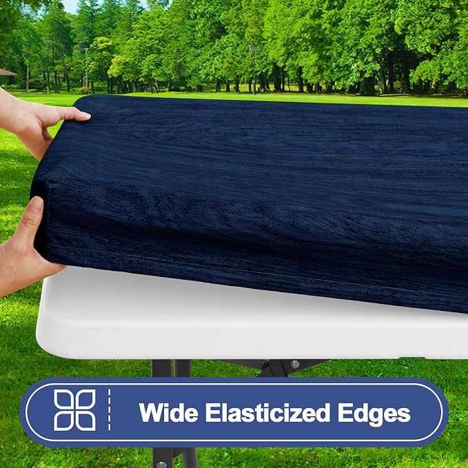 Smiry Picnic Table Cover with Bench Covers, Waterproof Elastic Fitted Tablecloth for 6 Foot Tables, Washable Polyester Tablecloths for Camping, Indoor & Outdoor (Navy & Black, 30x72 Inch 3-pc Set)
